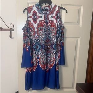Melissa Paige Red and Blue Paisley Cold Shoulder Top